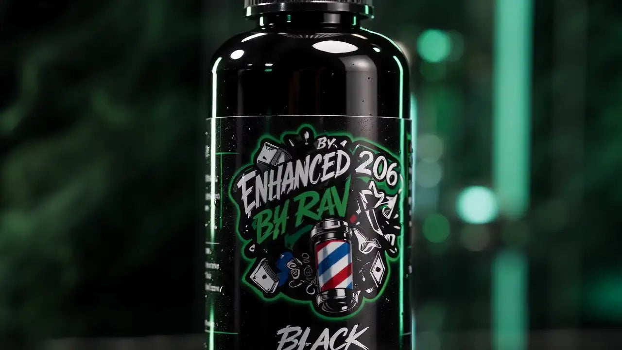Macro view of the Enhanced By Rav label artwork on the black bottle