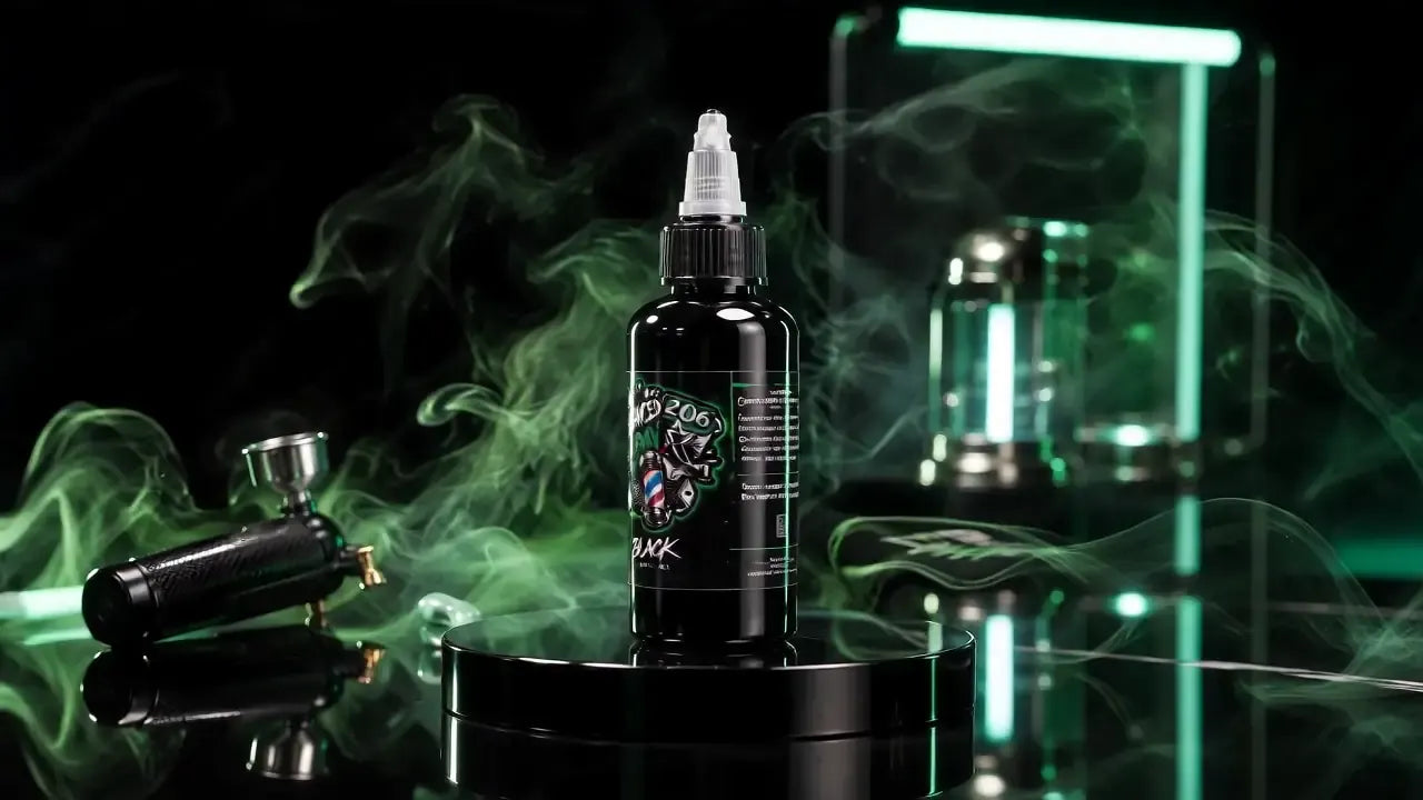 The black bottle and a tattoo machine in green studio smoke