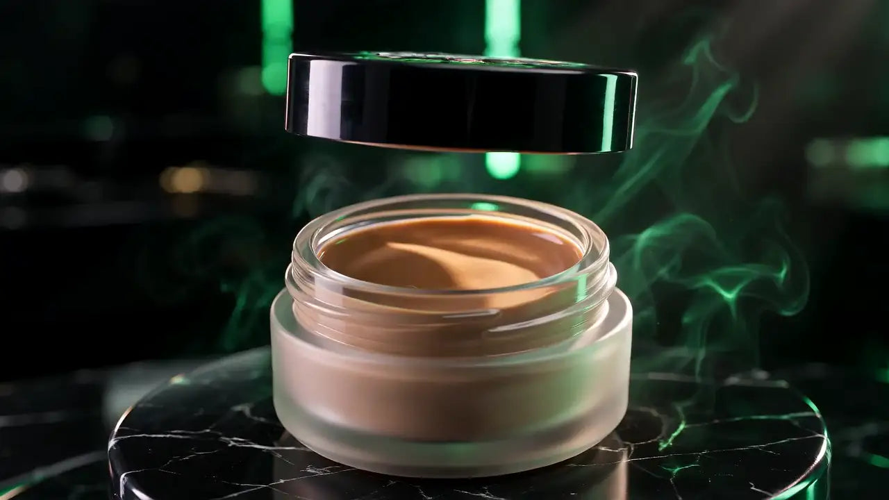 The Line Up Concealer lid lifting away from the open jar