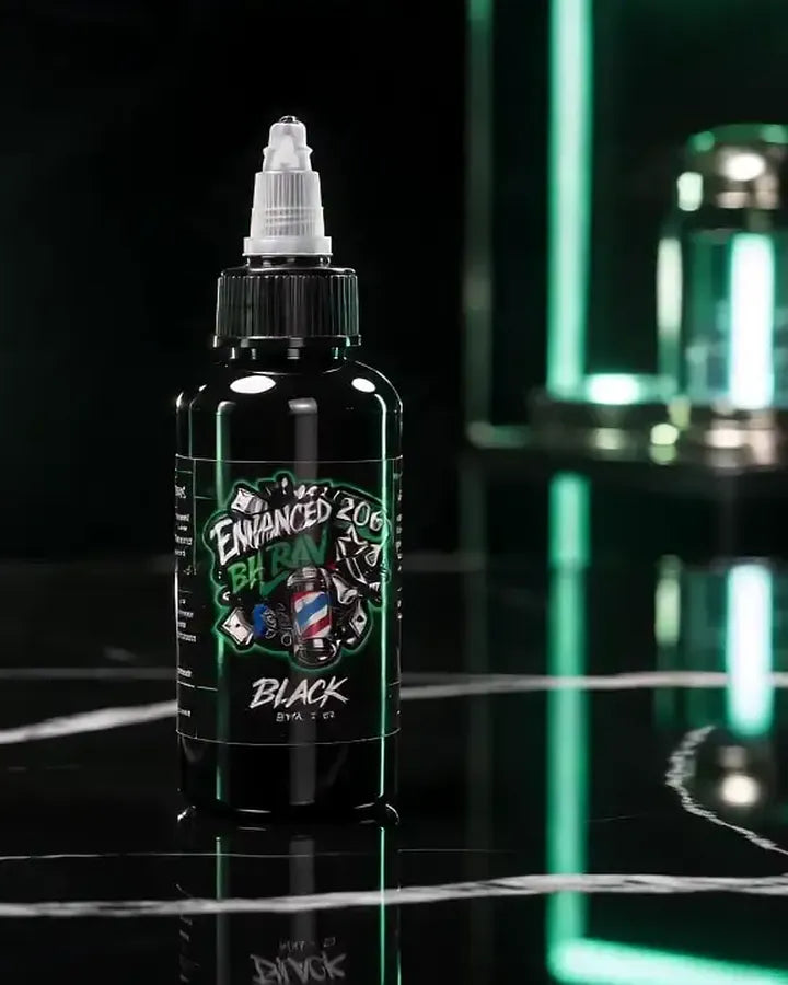 Enhanced By Rav 206 Black bottle standing on a black marble podium under green neon